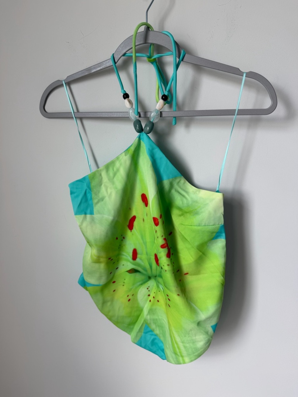 Blue Green orchid tropical Halter Crop Top with Beaded Neck Tie